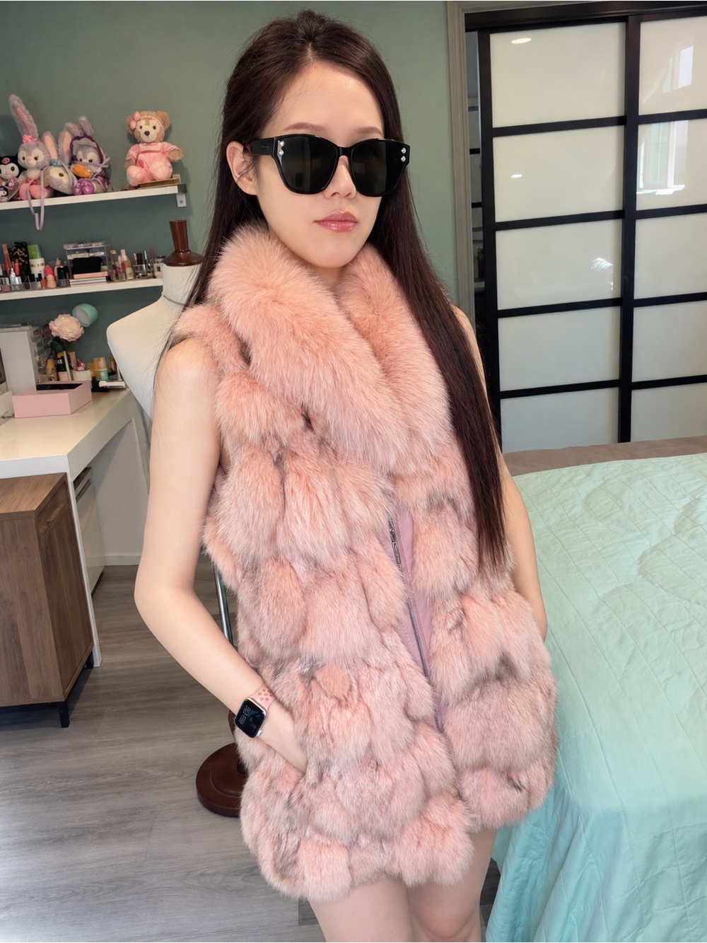 Vintage Pink Fox Fur Genuine Leather Longline Vest XS